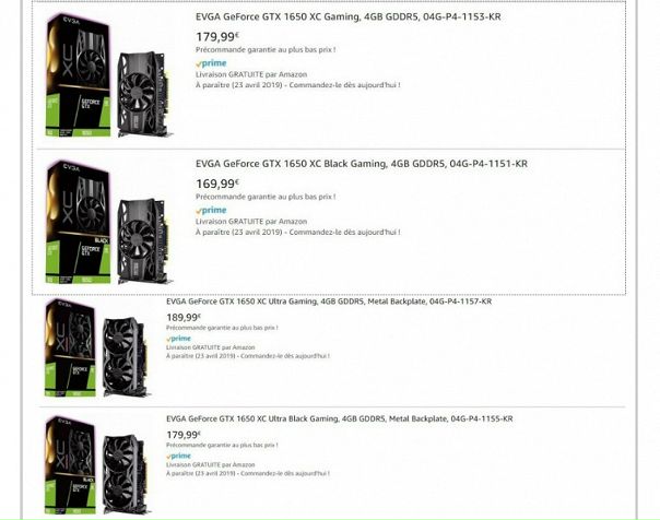 Сегодня тематические ресурсы, видимо, решили объявить день видеокарты GeForce GTX 1650. Мы уже дважды сегодня вспоминали данный адаптер, когда говорили о его характеристиках. Теперь появились новые новости, на сей раз касающиеся цены. Если верить источнику, адаптер будет стоить 150 долларов, что не соответствует ранним слухам. Напомним, изначально адаптеру приписывали цену в 180 долларов, а когда появились слухи про GTX 1650 Ti, такую цену стали приписывать ей, а за младшей «закрепили» цену в 130 долларов. Как видим, истина оказалась посередине. Косвенно новые данные подтверждают утечки с магазина Amazon, где на короткий срок появились несколько видеокарт GTX 1650 производства EVGA. Как можно видеть, цены варьируются от 170 до 190 евро в зависимости от модели. К слову, эта утечка подтверждает и раннее названую дату старта продаж — 23 апреля.